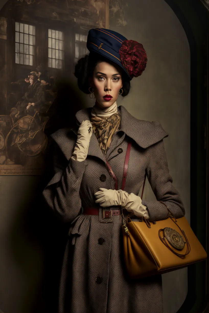 the model is dressed in vintage clothing and accessories, with a backdrop that evokes a bygone era, fashion shoot, style of vogue